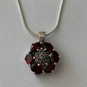 Striking Sterling Silver Marcasite and Red Garnet Gemstone Pendant Necklace